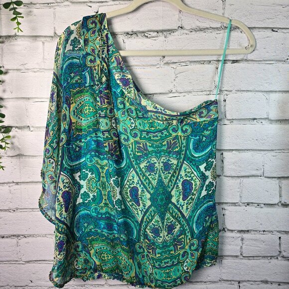 CACHE 100% SILK ONE-SHOULDER GREEN AND BLUE PAISLEY PRINT BLOUSE WOMENS SIZE MED - Picture 3 of 10